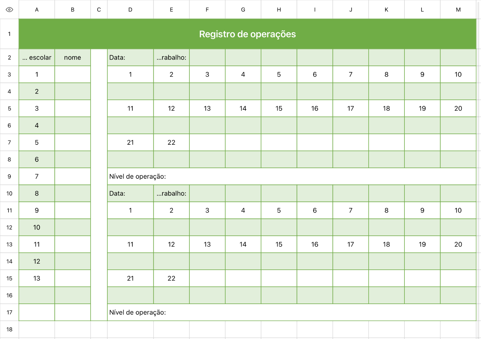 Formulário de registro de trabalho de estudante